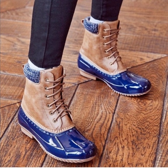 JustFab Shoes - JustFab Navy/Tan Evi Knit Sock Liner Duck Boots